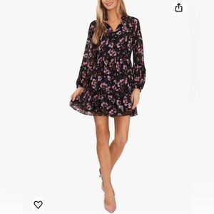 CeCe Black Floral Long Sleeve V Neck A Lone Mini Dress Size 1 X NWT